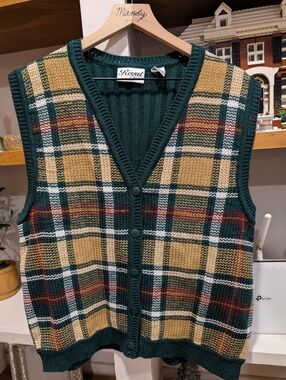 Vintage Royal Sport Green Plaid Sweater Vest Size Large